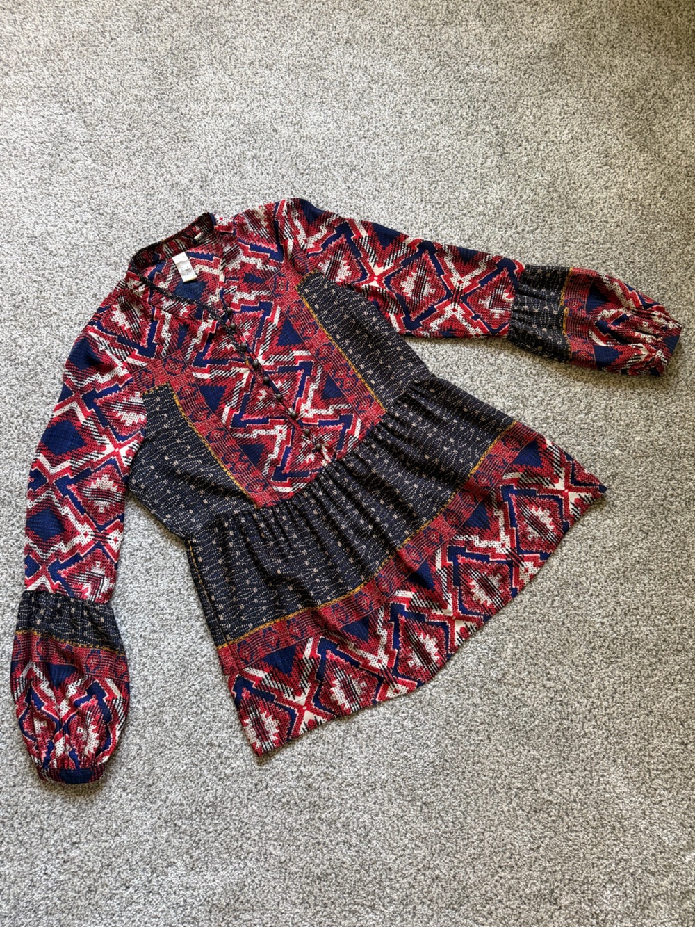 Red & Navy Tribal Print Long Sleeve Blouse